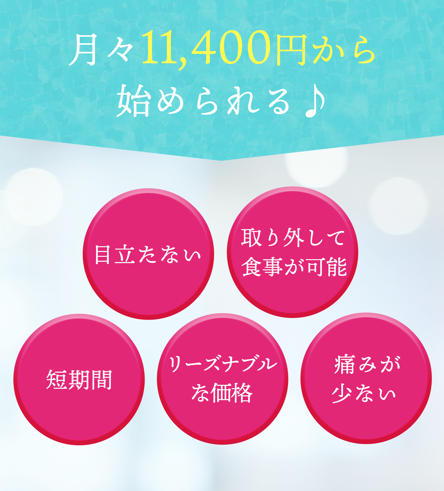 月々11,400円から
		始められる♪ 目立たない 取り外して食事が可能 短期間 リーズナブルな価格 痛みが少ない