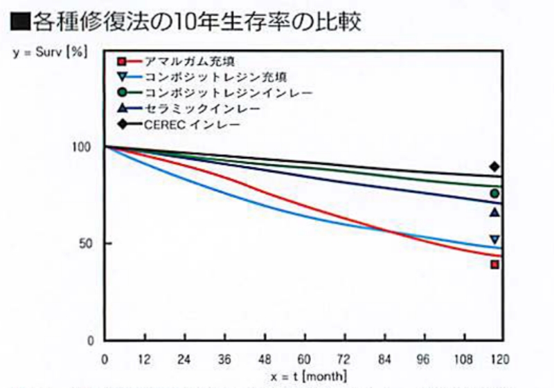 各種修復法の10年生存率の比較グラフ。セレックインレーの生存率が高いことを示す